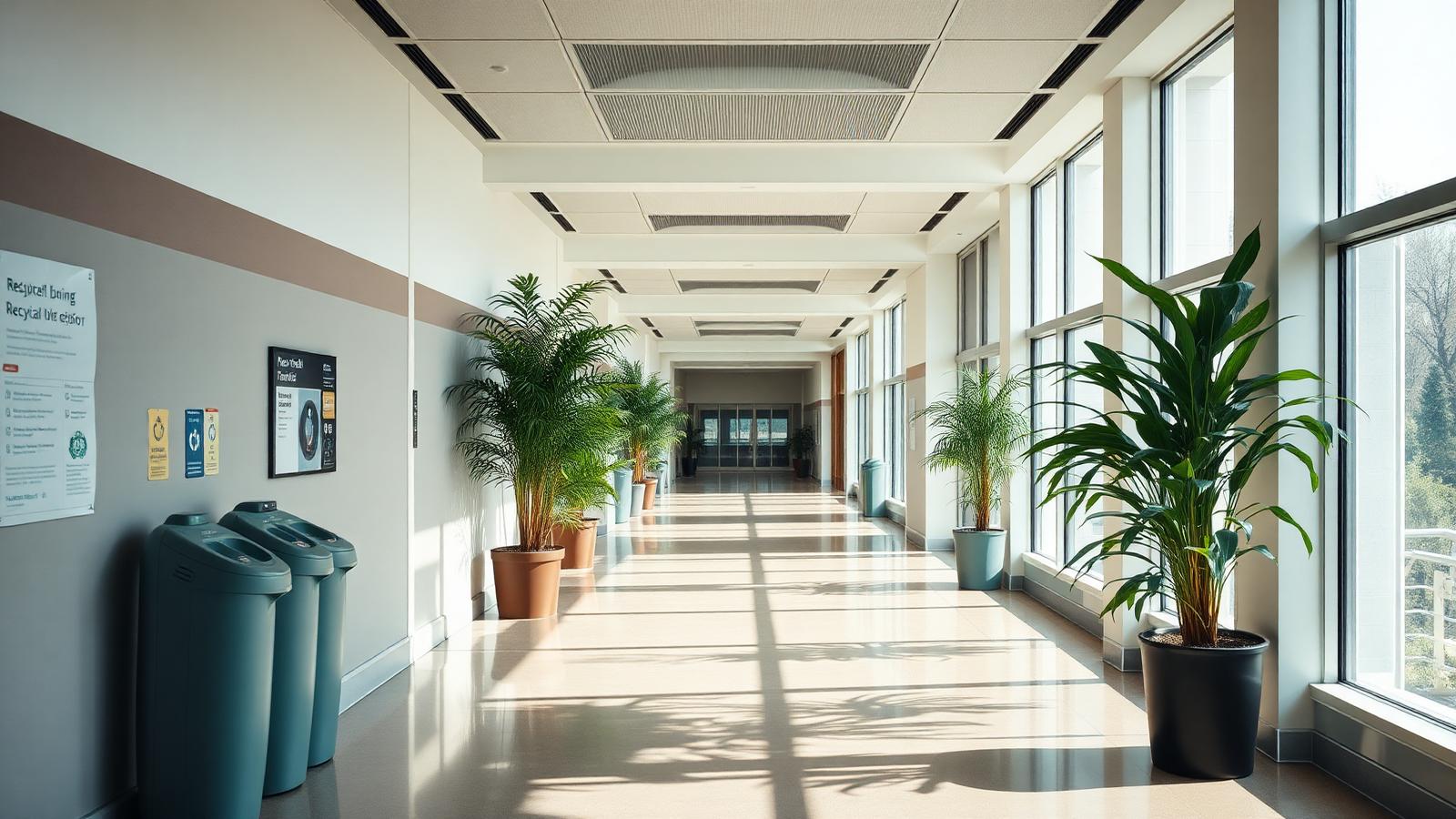 A sunlit hospital corridor with greenery and recycling stations